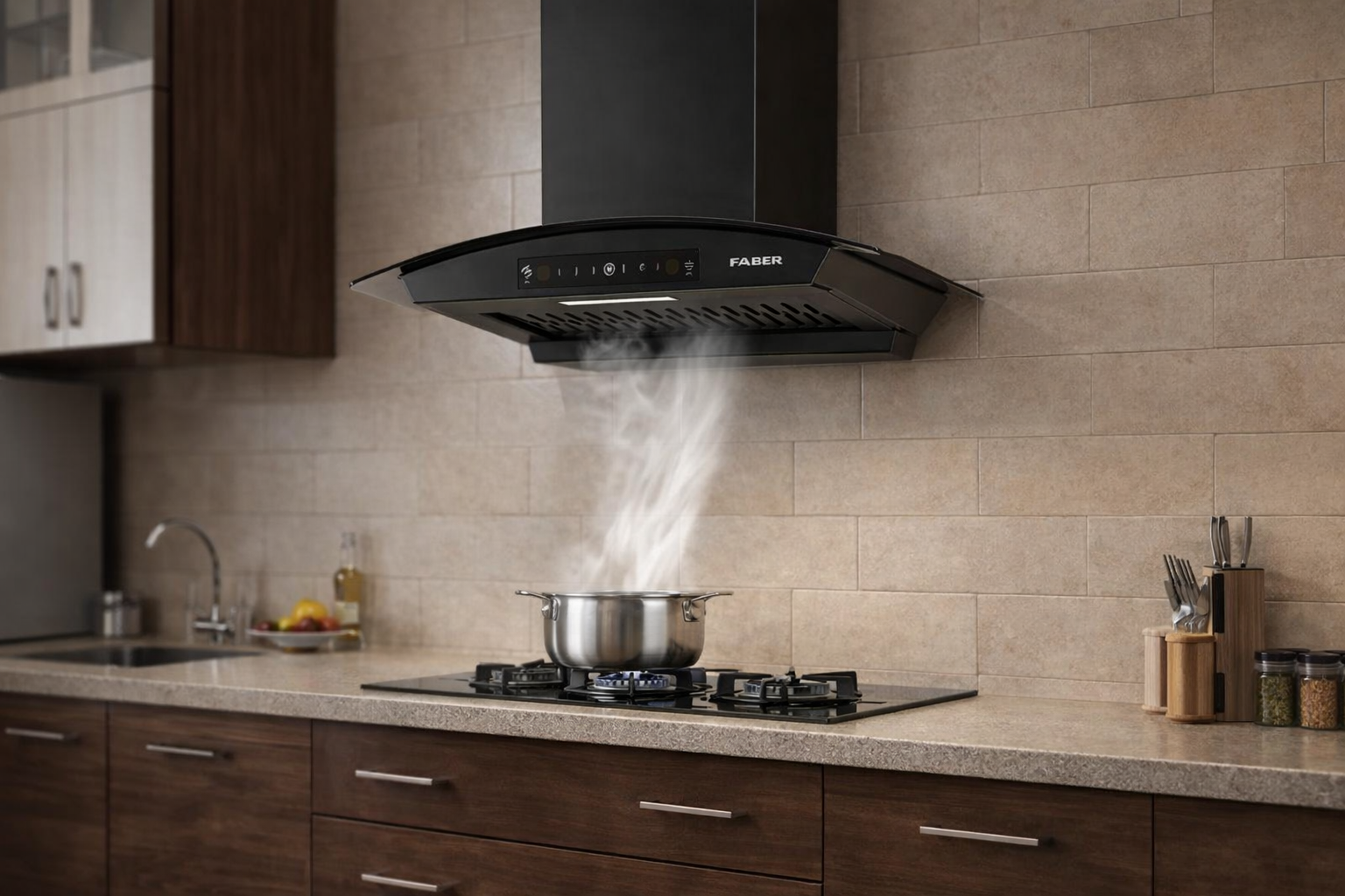 ducted vs ductless chimney installed in an Indian kitchen with gas stove