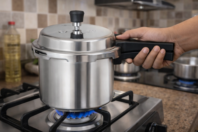 pressure cooker on gas stove in Indian kitchen during daily cooking