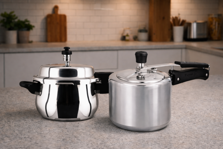 aluminium and steel pressure cookers kept side by side in an Indian kitchen showing long term usage comparison