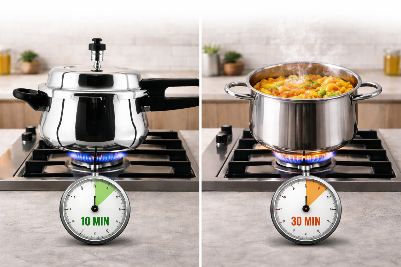 pressure cooker on gas stove showing efficient gas usage in Indian kitchen
