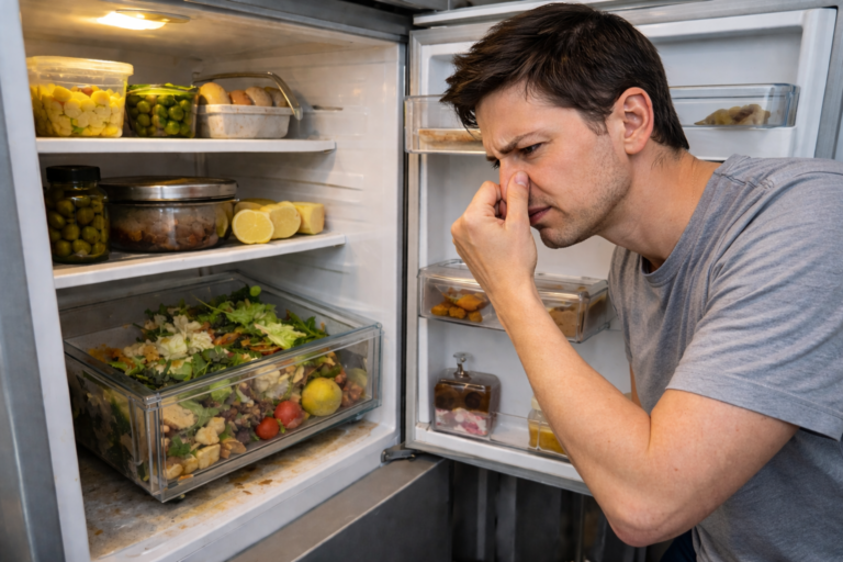 open refrigerator with mixed food containers and vegetable drawer in a home kitchen