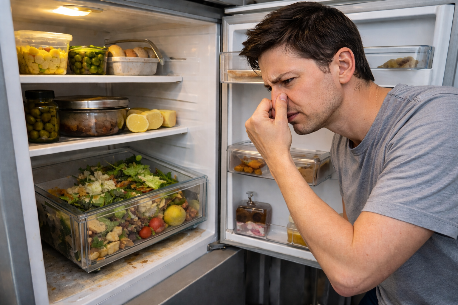 open refrigerator with mixed food containers and vegetable drawer in a home kitchen