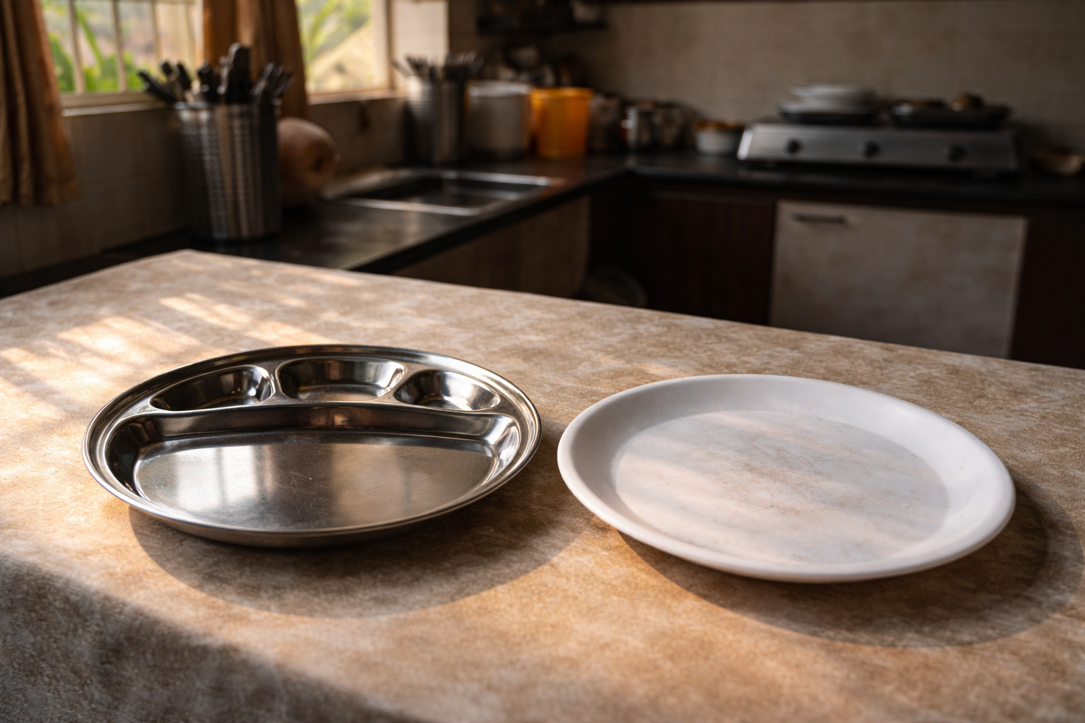 Steel plate vs plastic plate comparison on dining table in Indian kitchen