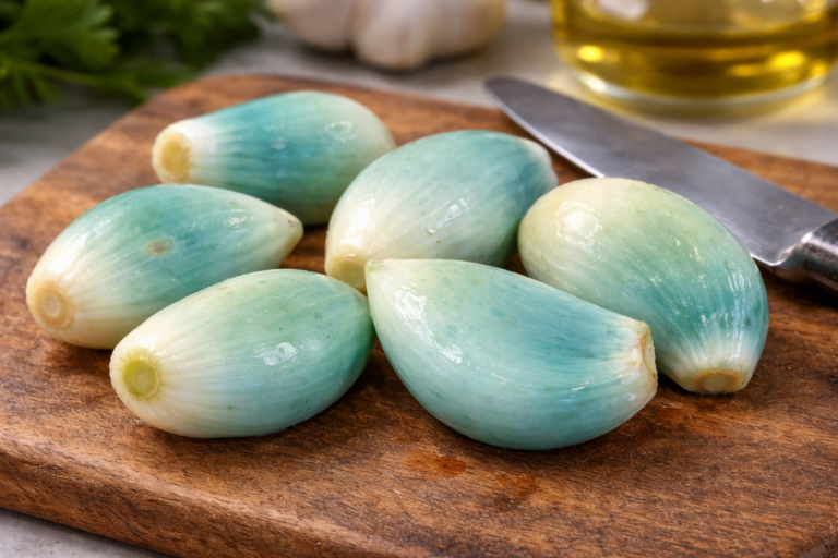 Blue-green garlic cloves on a wooden cutting board in kitchen