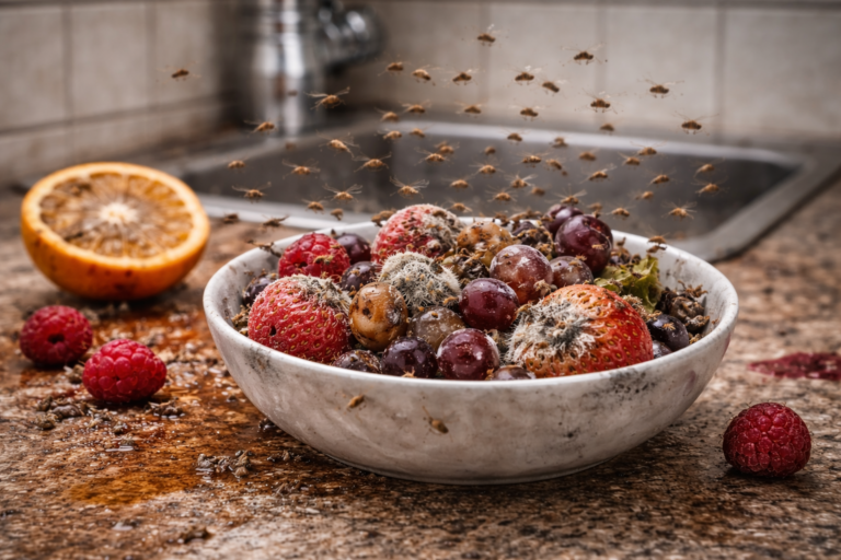 Fruit flies swarming around rotten berries and grapes in a bowl on a kitchen countertop near the sink.