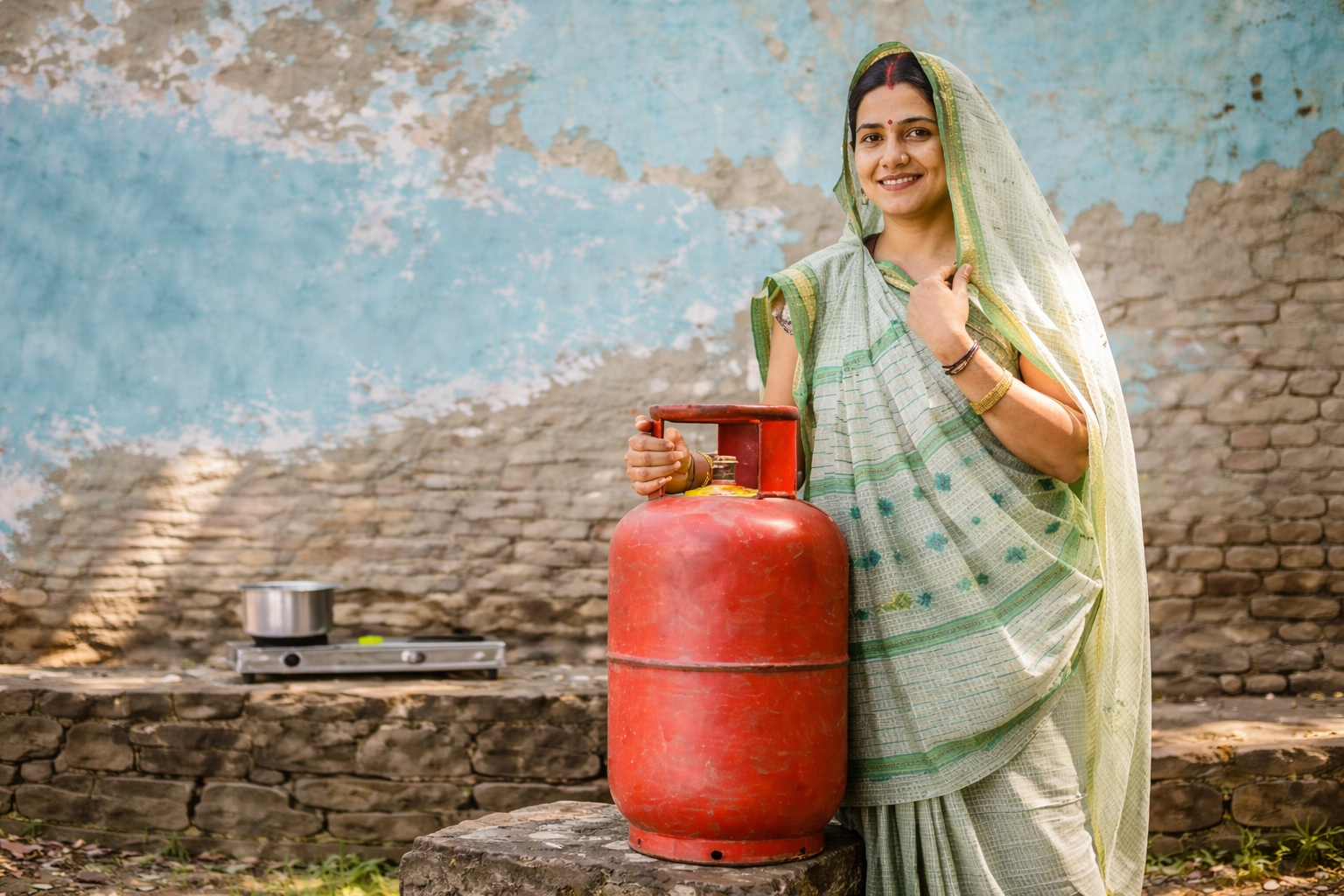 Rural Indian woman holding LPG gas cylinder for safe kitchen cooking